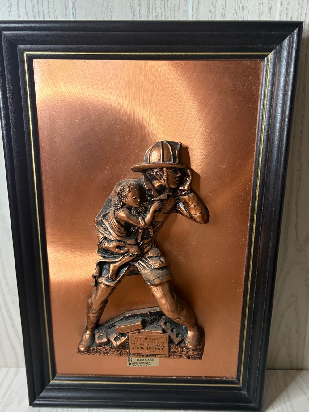 1979 Peter Friedling 3D Copper Wall Art ‘The Rescue’ Firefighter Art 20x13